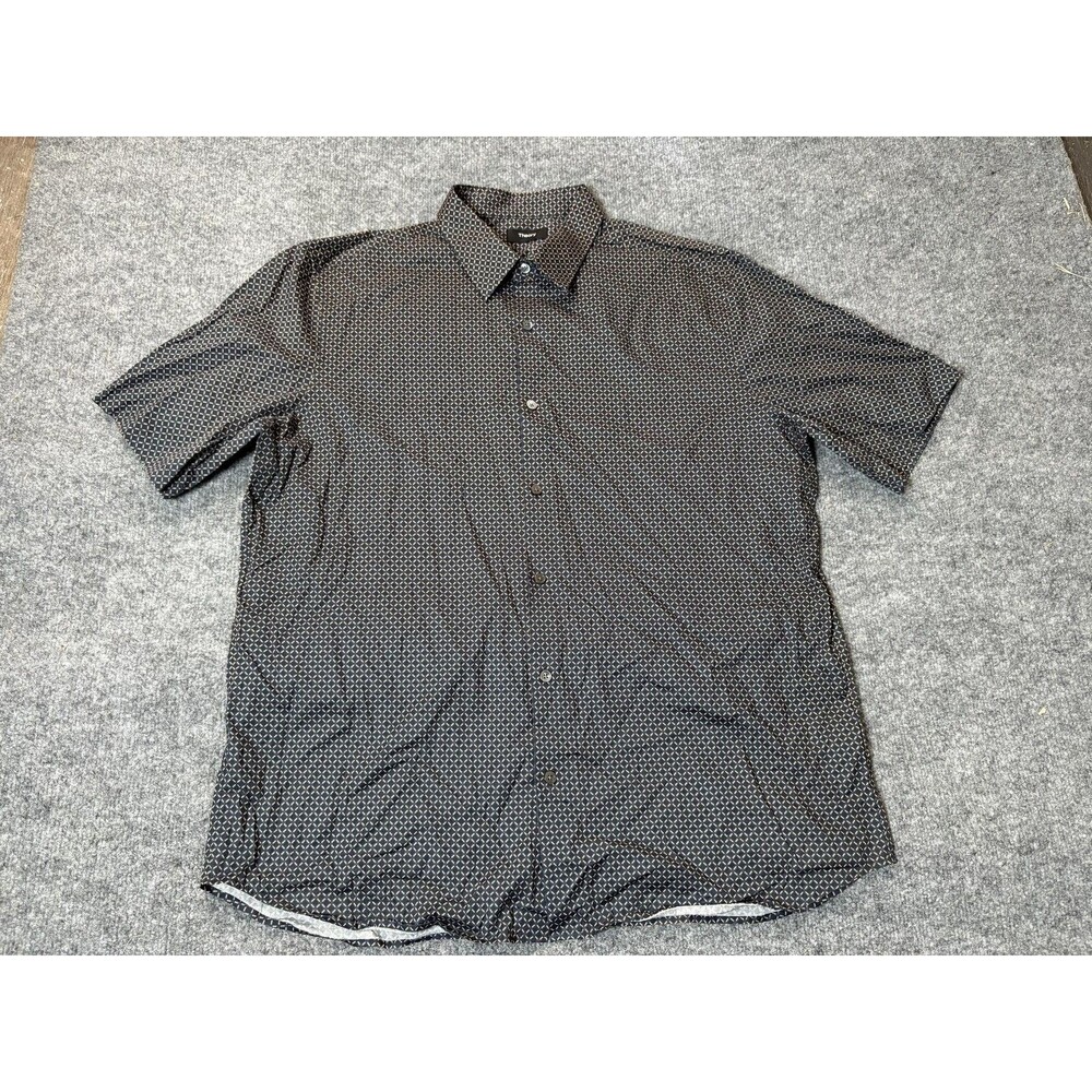 Theory Shirt Mens L Blue Short Sleeve Geometric Button-Up Stretch Casual
